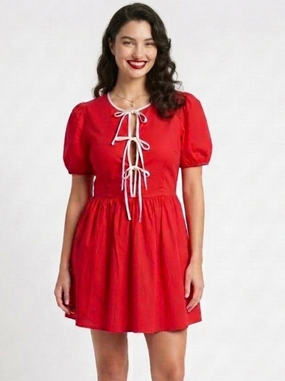 Le Lis Pin-Up NWT Red White Puff Sleeve Cinched Retro Nautical Skater Dress